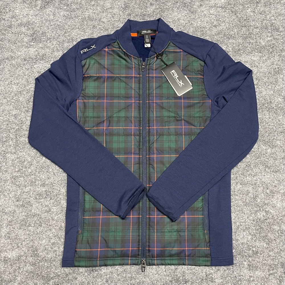 RLX Ralph Lauren Jacket Mens XS Navy Blue Hybrid Quilted Plaid Full Zip Golf NEW